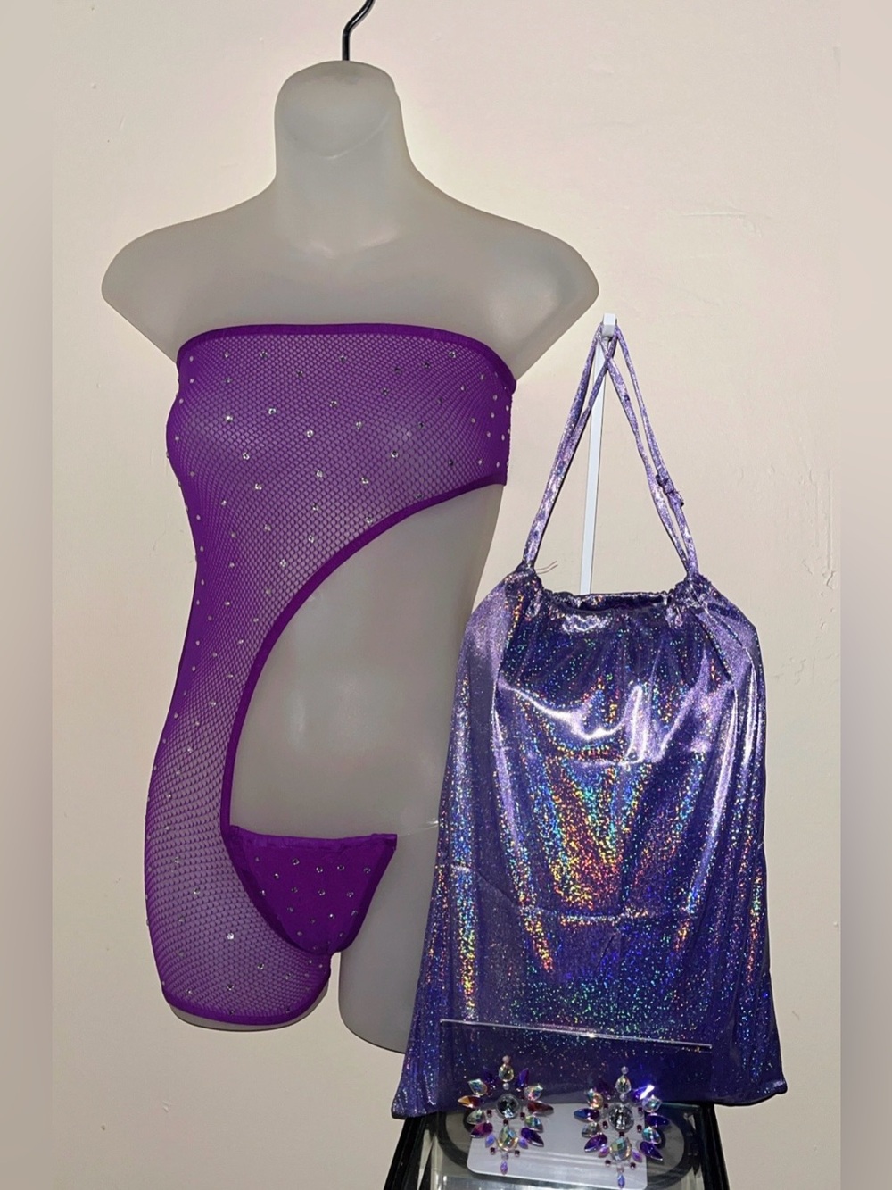 Exotic Dancewear: purple jumpsuit with Rhinestones, pasties, and bag